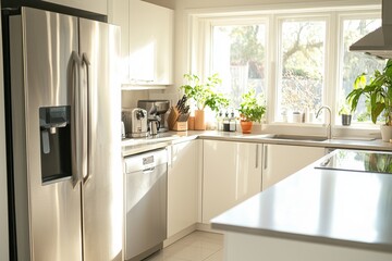 Fototapeta premium Modern stainless steel trash solutions in a bright kitchen enhancing tidiness and style inviting environment with natural light