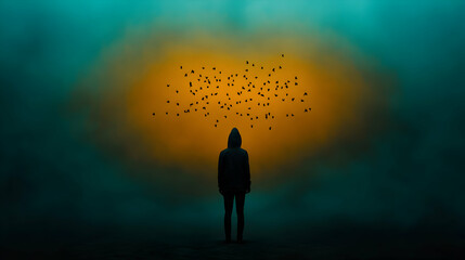 Fototapeta premium Person stands in misty landscape with vibrant yellow and orange glow in background, surrounded by flying birds at dusk