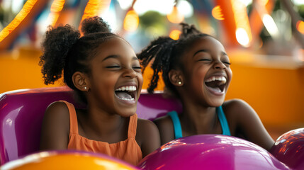 two black young girls laughing loudly on a vibrant amusement park ride surrounded by colorful attractions and summer sunlight concept of joy and carefree childhood