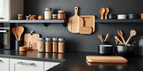 Modern kitchen with wooden utensils, cutting boards, spice jars, and black countertops, black countertops, spice jars, kitchenware