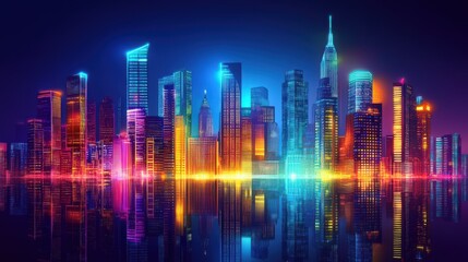 A vibrant cityscape with colorful lights and reflections at night in a digital style