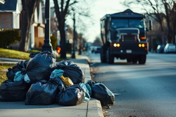 Urban street trash bags piled alongside city block waste management scene neighborhood daytime perspective environmental awareness concept