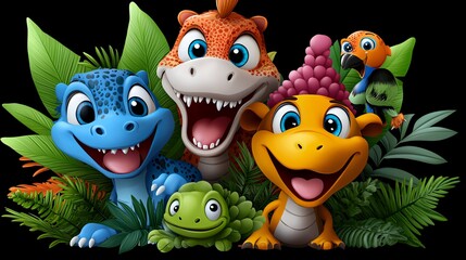 Happy cartoon dinosaurs and parrot in jungle foliage.