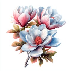 Fototapeta premium Vibrant Magnolia Blooms with Soft Pastel Colors in Artistic Floral Arrangement on White Background
