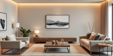 Modern living room with minimalist furniture and a neutral color palette, featuring a sleek sofa, contemporary coffee table, and abstract art on the walls, modern, contemporary, decor