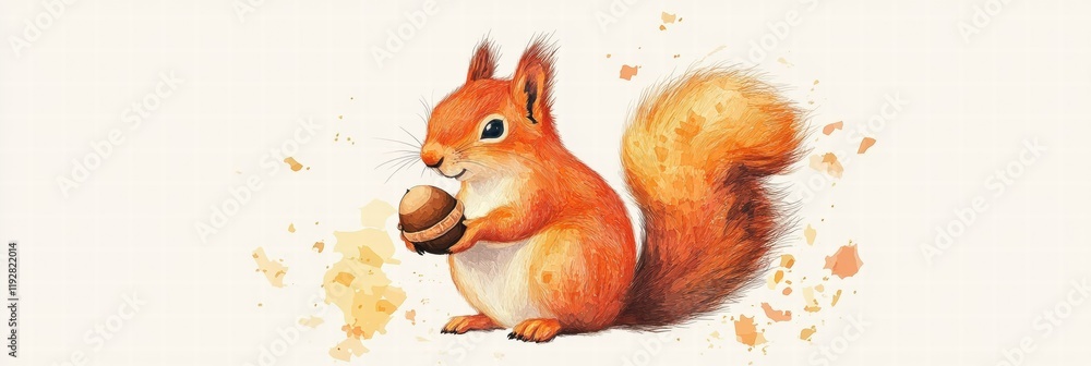 Poster charming squirrel holds acorn surrounded by soft colors and playful splashes in a serene woodland se