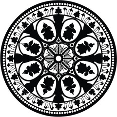 A vector illustration of a mandala silhouette with a white background. The mandala has a circular pattern with multiple layers of interlocking geometric shapes, including triangles, squares, and circl