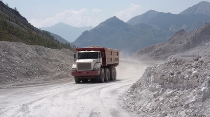 Obraz premium Gigantic Dump Truck in Quarry Surrounded by Majestic Landscape
