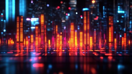 Futuristic cityscape with glowing digital towers.