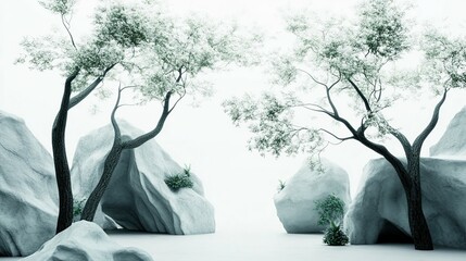 Zen-Inspired Minimalist Landscape with Delicate Trees Among Ancient Stone Formations