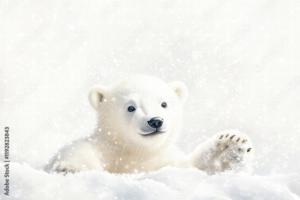 Poster cute polar bear cub playing in the snowy wilderness during a gentle snowfall in a serene arctic envi