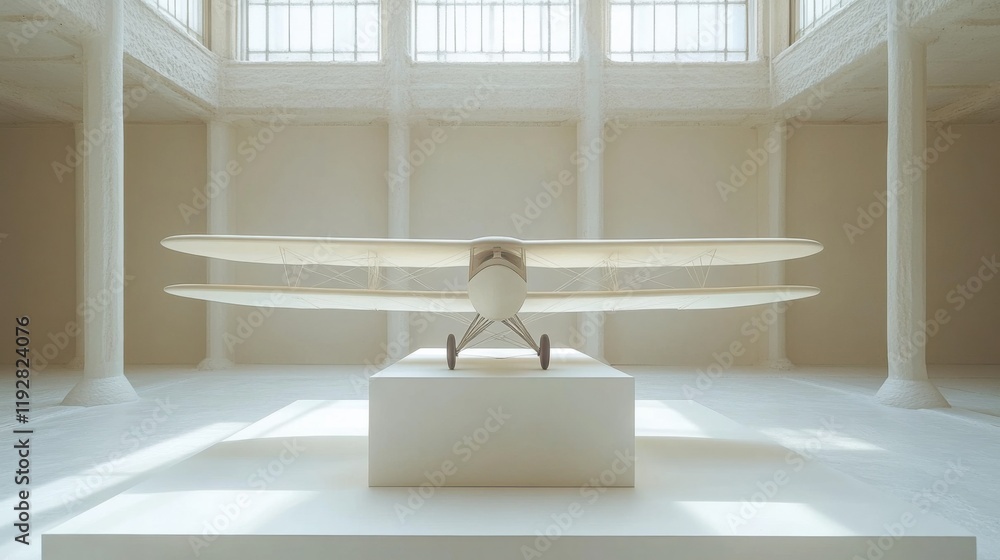 Poster artistic display of model airplane in modern minimalist gallery space with bright natural light and 