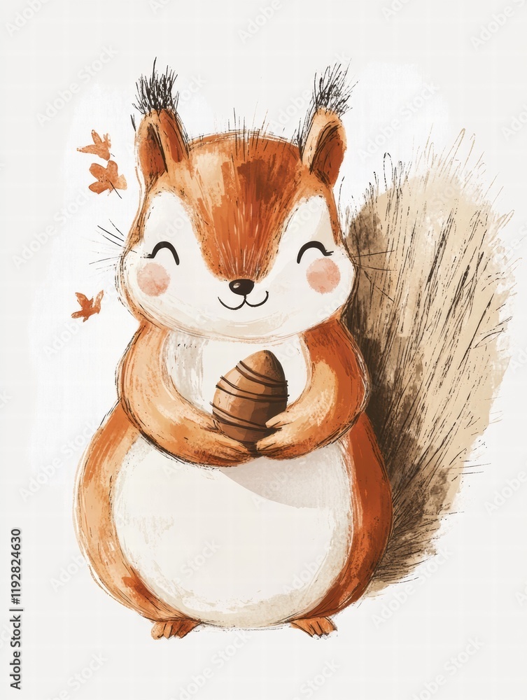 Aufkleber Cute squirrel holding acorn with a joyful expression in a whimsical forest setting during autumn. Generative AI