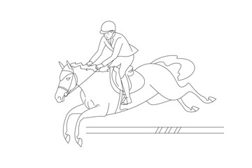 Equestrian jumping over a hurdle, simple black and white line art illustration showing horse and rider in motion