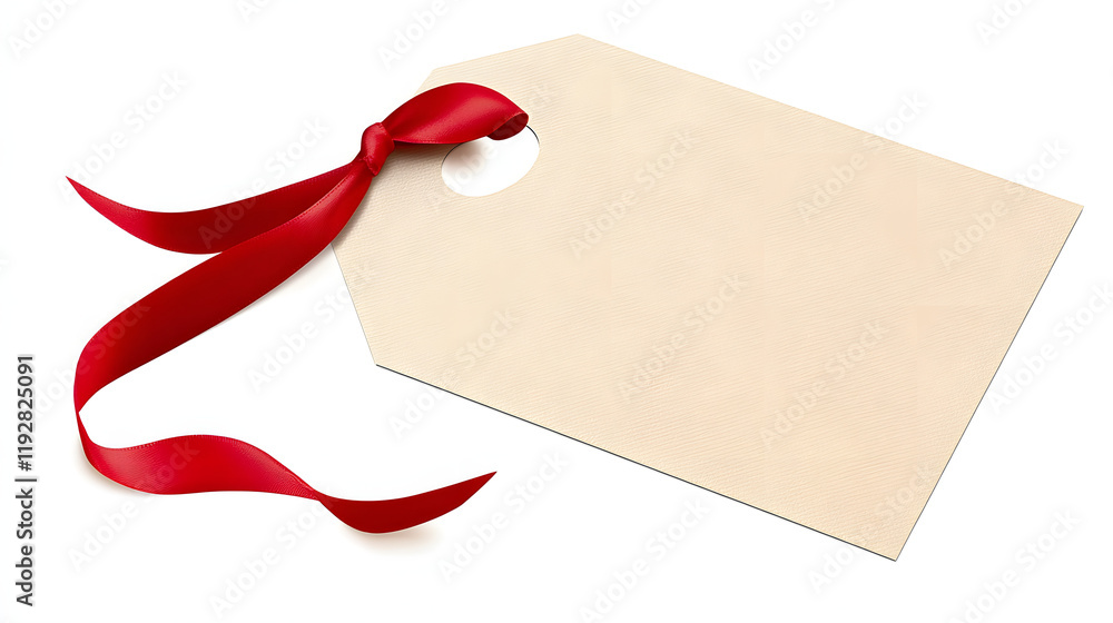 Poster plain gift tag with red ribbon front flat isolated transparent background photo png file