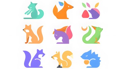 Collection of 9 Minimalist Flat Vector Logos: Squirrels, Rabbits, and Foxes with Bright Color Palette and Simple Shapes on White Background.
