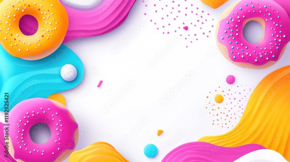 Poster colorful donuts with sprinkles on a vibrant background featuring waves and decorative elements for a
