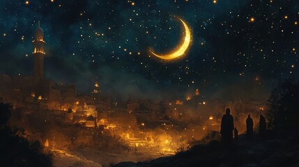 Naklejka premium Enchanting Nightscape of a Middle Eastern City Under a Starry Sky and Crescent Moon