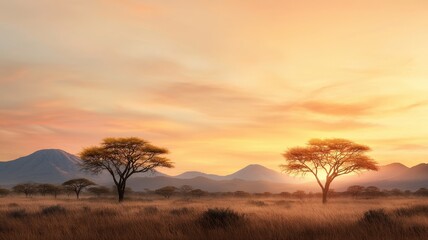 Serene Sunset Over African Landscape with Silhouetted Trees and Mountains in the Background
