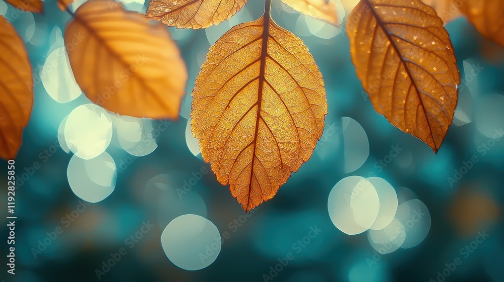 Aufkleber close-up of orange autumn leaves with soft bokeh background creating a tranquil nature scene