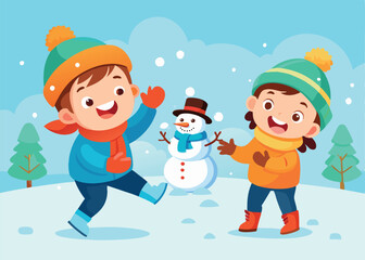 Fototapeta premium Happy children building snowman in winter landscape