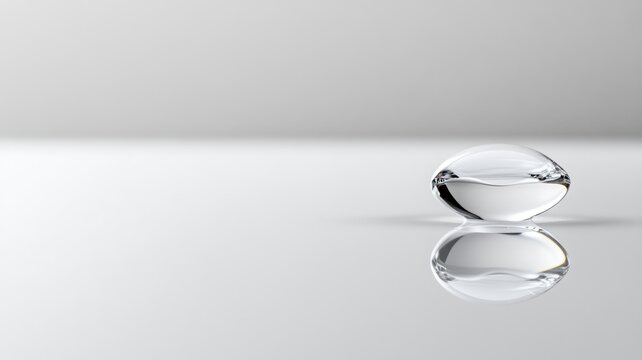 Clear water droplet on reflective surface against plain background