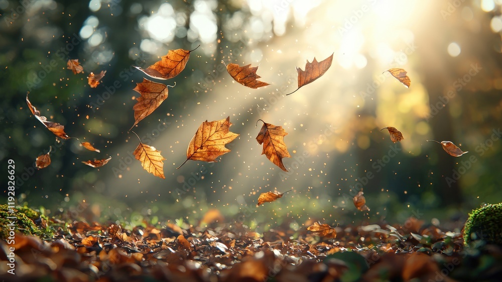 Aufkleber autumn leaves in motion captured in soft warm light with sunbeams shining through trees in a forest 
