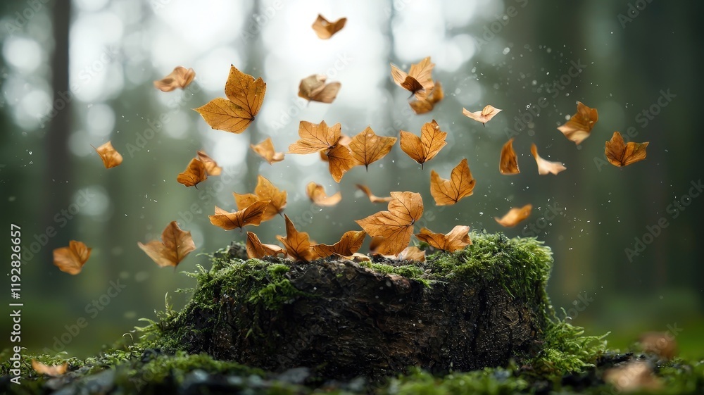 Poster leaves floating above mossy tree stump in ethereal forest with soft light and gentle bokeh effect