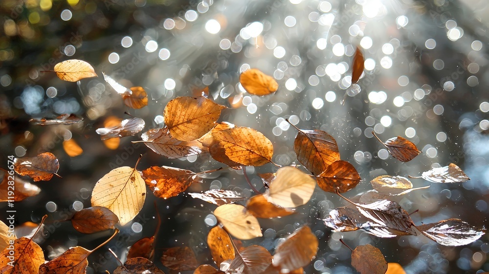 Poster sunlight illuminates falling leaves with sparkling bokeh effect in autumn forest setting