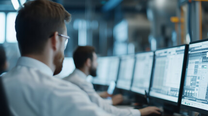 Nuclear Power Plant Control Room with Engineers Monitoring Equipment