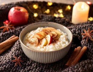 Fototapeta premium Generated image A bowl of creamy rice pudding topped with cinnamon and apple chunks, placed on a cozy knitte