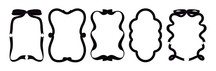 Whimsical ribbon frames with bows. Borders for wedding invitation, holiday greetings, birthday card, menu design and other decorations. Vector illustration isolated on white background. © Daryna