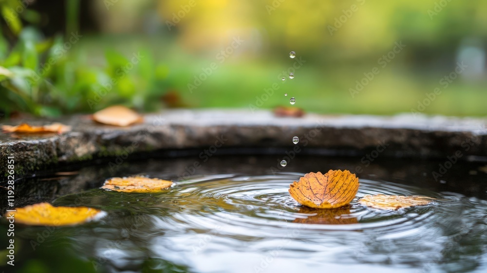 Poster close-up of raindrop splashing on floating leaf in tranquil pond with autumn leaves in vibrant natur