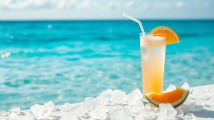 Refreshing melon lemonade cocktail on a beach background with sea view, featuring melon juice, mineral water, and ice cubes, beach, ice, sea