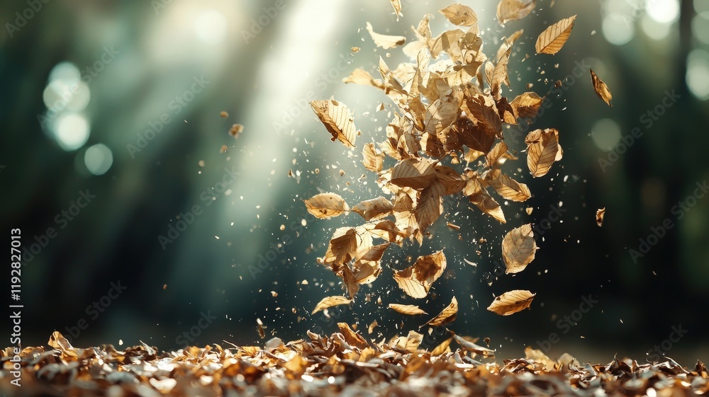 Aufkleber dynamic burst of autumn leaves in natural environment with soft sunlight and blurred background effe