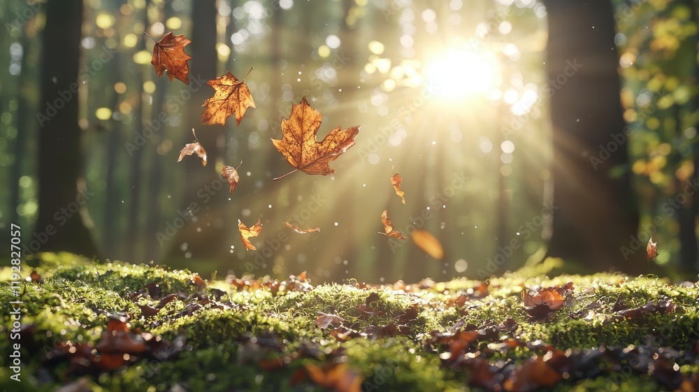 Poster sunlight filtering through trees with falling leaves in an autumn forest setting