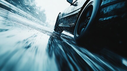 Fototapeta na wymiar Dynamic Close-Up of Car Tire on Wet Road with Motion Blur Effects