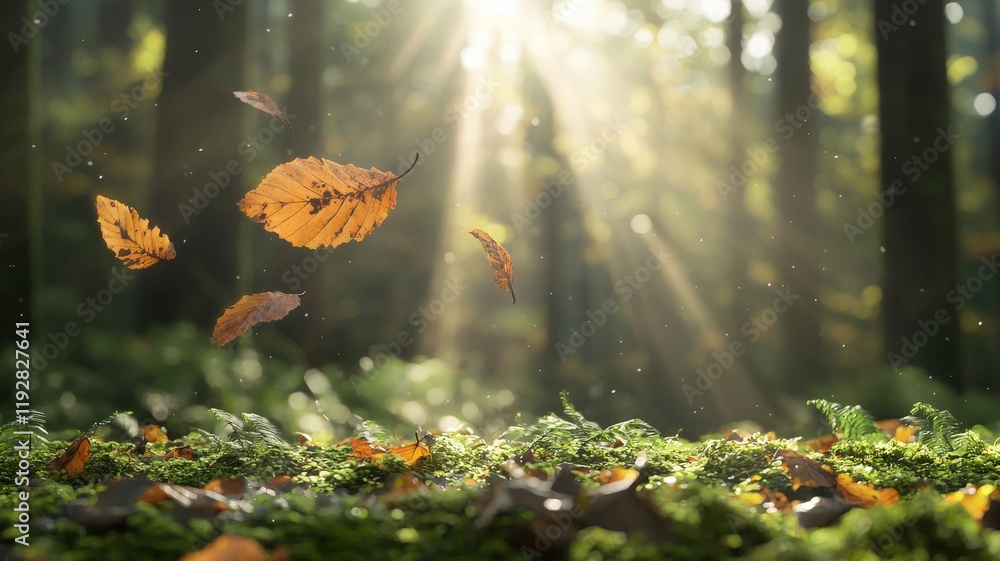 Aufkleber sunlight filtering through trees with falling autumn leaves in a serene forest setting