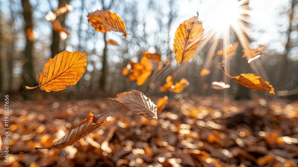Aufkleber captivating autumn scene of floating leaves with soft sunlight filtering through trees in a peaceful