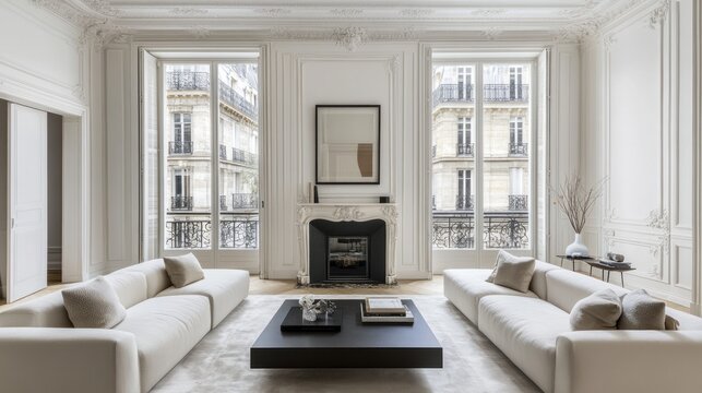 Elegant Parisian Apartment Interior Design: Modern Minimalist Living Room with Classic French Architectural Details