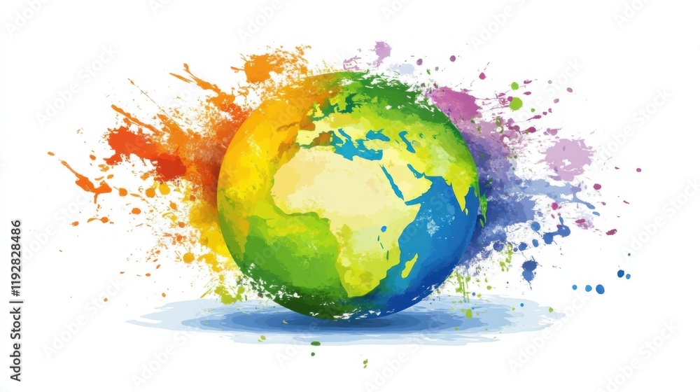 Poster colorful artistic world globe with paint splashes representing creativity, diversity, and global uni