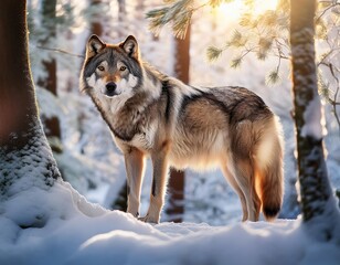 Fototapeta premium Gray wolf standing in snowy forest at sunset