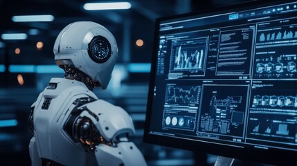 Advanced ai robot analyzing data on digital screens in futuristic laboratory.