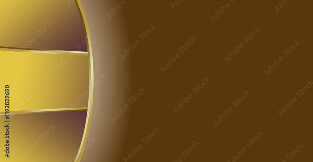 Poster composition of empty space, curved lines and geometric abstract fields with gradations of gold, brow