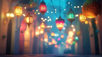 Fototapeta premium Illuminated Moroccan style lanterns hanging with colorful bokeh effect background