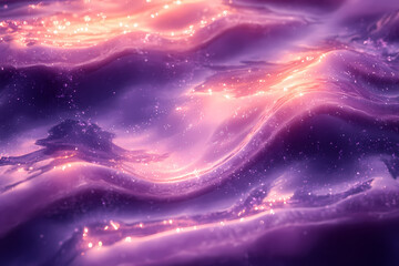 The background is purple in tone. The liquid with shades of purple and silver flows gracefully as if swimming in beautiful flowing lines. 