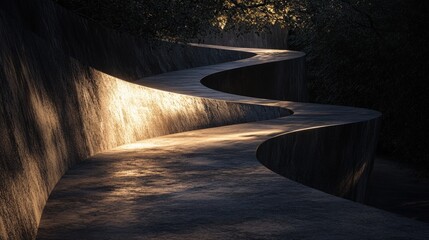 Winding Pathway Illuminated by Soft Natural Light in the Forest