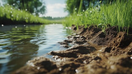 Fototapeta premium Serene Riverbank Scene with Lush Green Grass and Calm Water