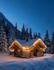 Fototapeta premium Generated image A cozy wooden lodge with glowing lights and garlands set in a snowy mountain landscape