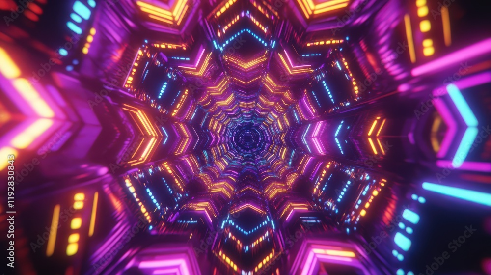 Poster abstract futuristic tunnel with vibrant neon lights and geometric patterns perspective view